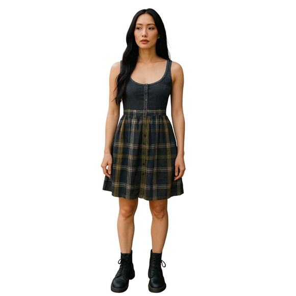 Free People Plaid Mini Dress – Button Front Denim Bodice, Grunge Cottagecore  4 - Picture 2 of 9
